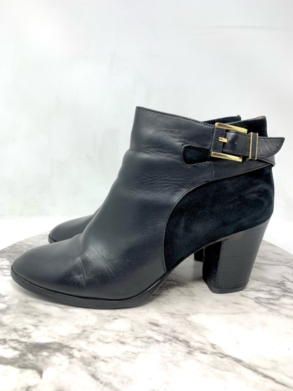 Louise Et Cie Vasca Black Leather & Suede Ankle Boot with Buckle 8 Preppy Chic - Picture 3 of 16